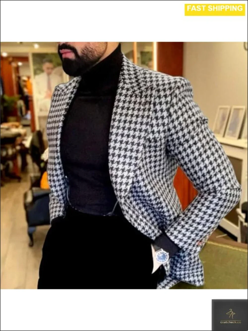 Men's Houndstooth Blazer Slim Fit One Button Sport Coat Wedding Prom